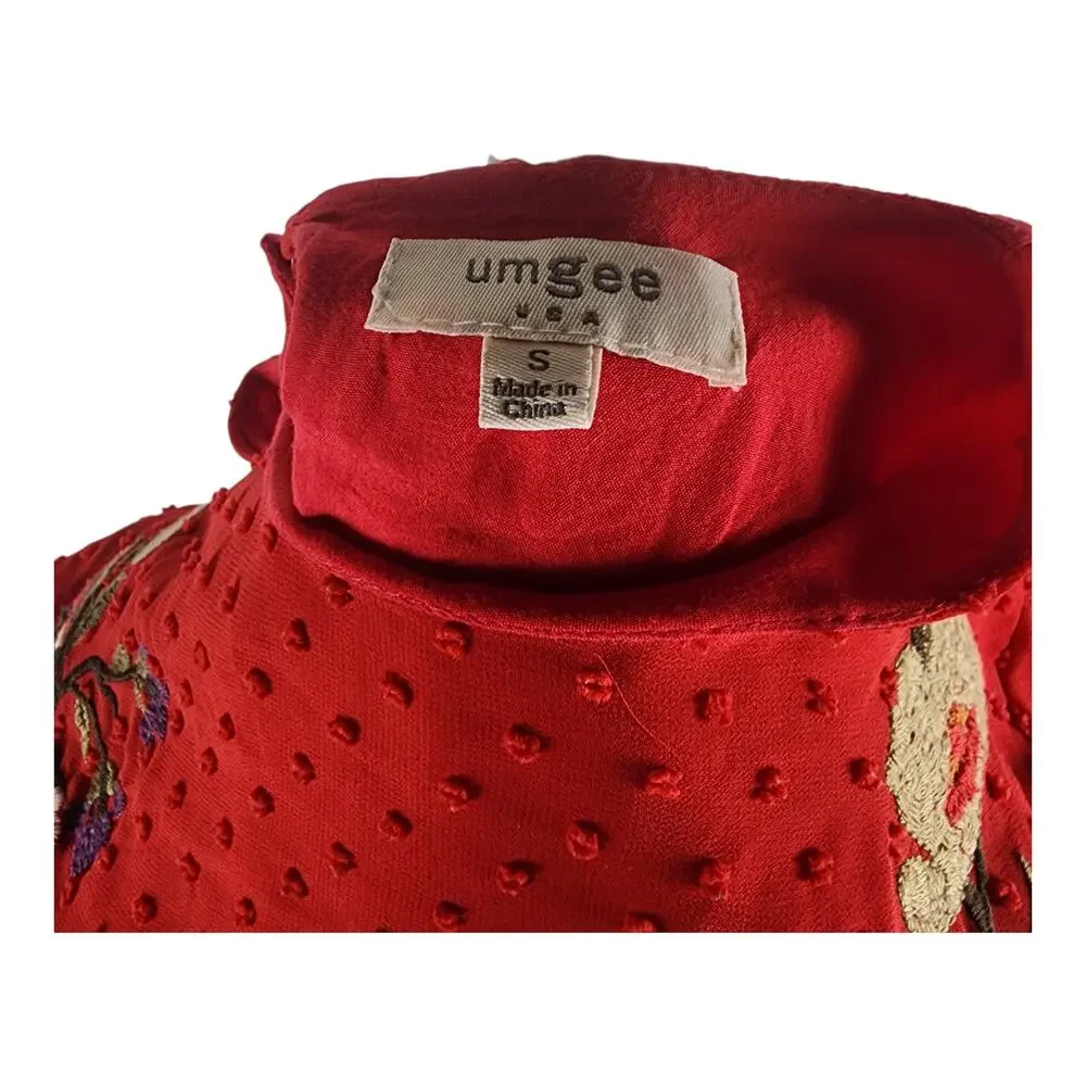 Umgee Red  Embroidered Floral Bell Sleeves Babydoll Dress Women's Small